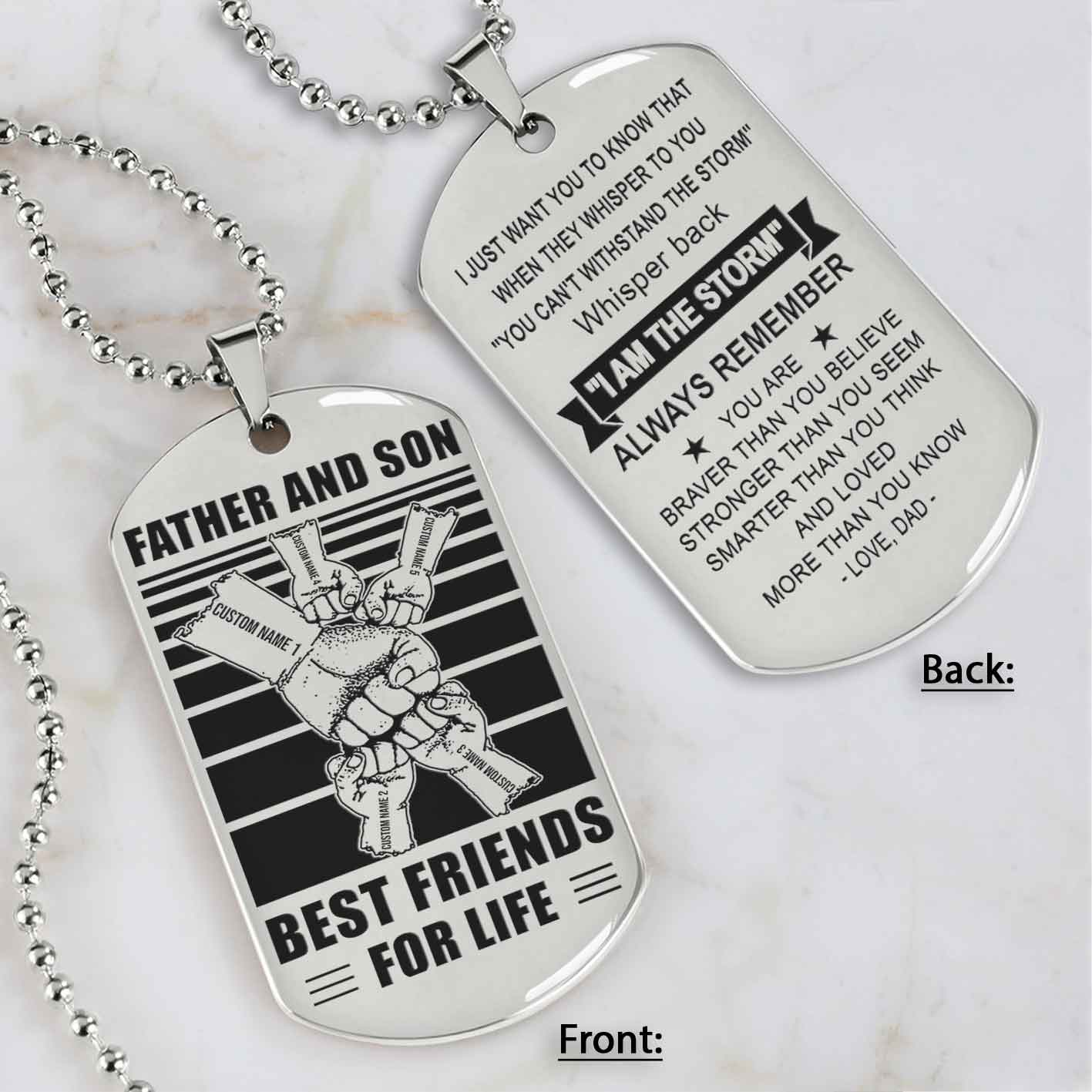 Family Fist Bump Team 5 Personalized Double Sided Dog Tag Father And Son Best Friends For Life - Message on the back side