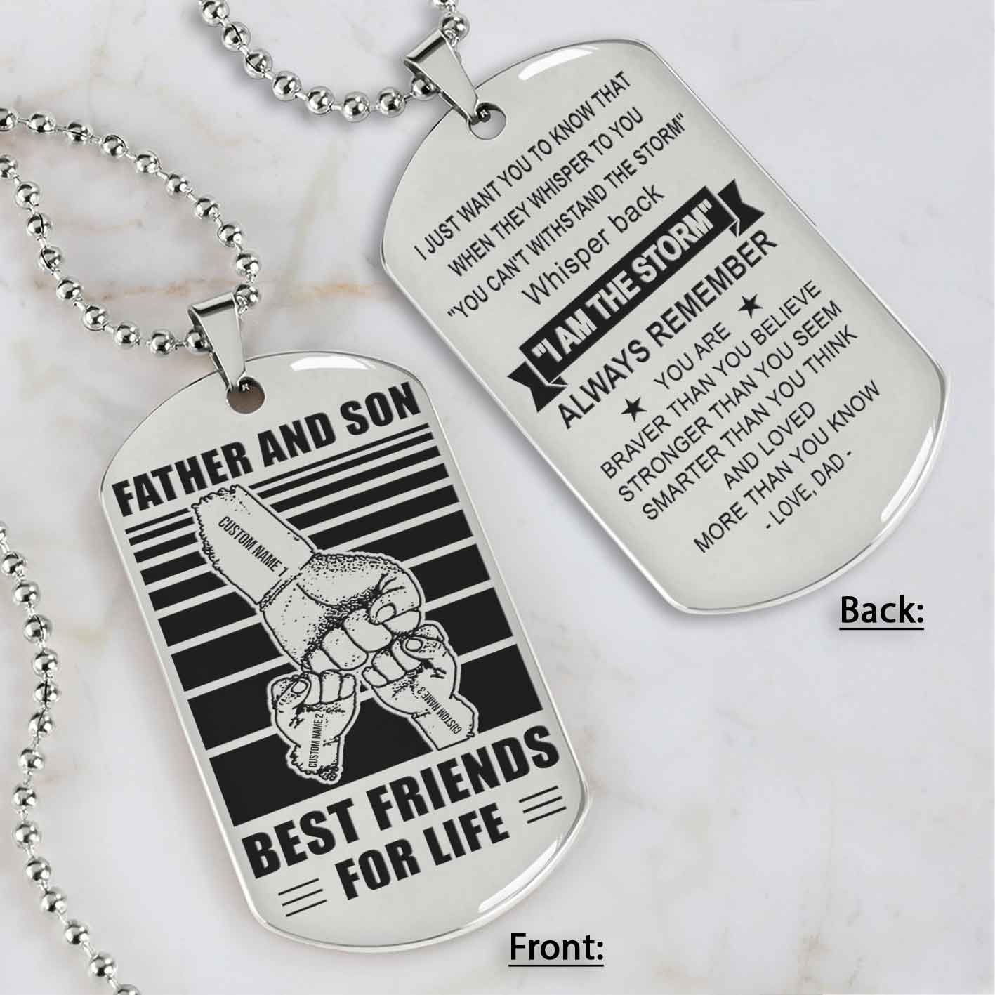 Family Fist Bump Team 3 Personalized Double Sided Dog Tag Father And Son Best Friends For Life - Message on the back side