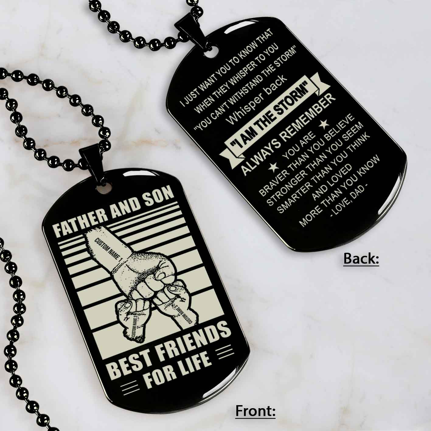 Family Fist Bump Team 3 Personalized Double Sided Dog Tag Father And Son Best Friends For Life - Message on the back side