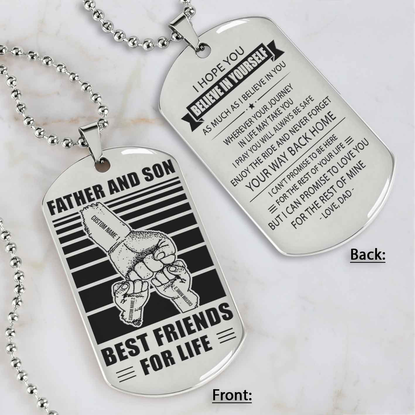 Family Fist Bump Team 3 Personalized Double Sided Dog Tag Father And Son Best Friends For Life - Message on the back side
