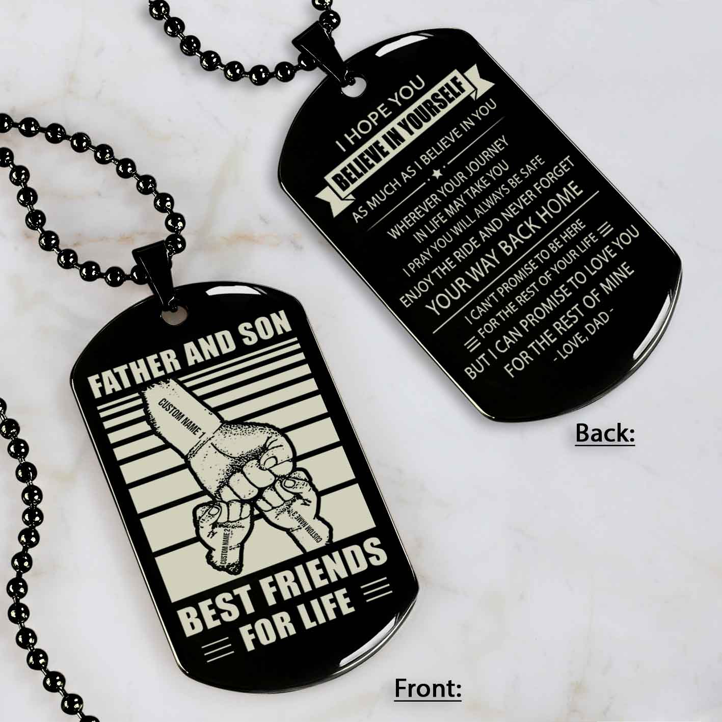 Family Fist Bump Team 3 Personalized Double Sided Dog Tag Father And Son Best Friends For Life - Message on the back side