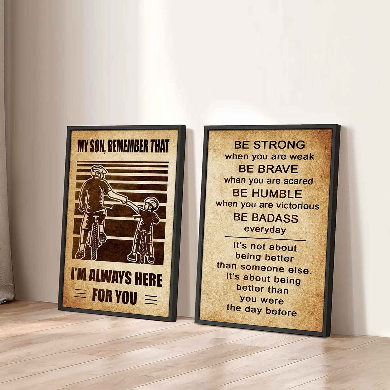 Combo 2 DRB Poster Canvas My Son Remember That - Be Strong When You Are Weak Be Brave When You Are Scared Be Badass Everyday