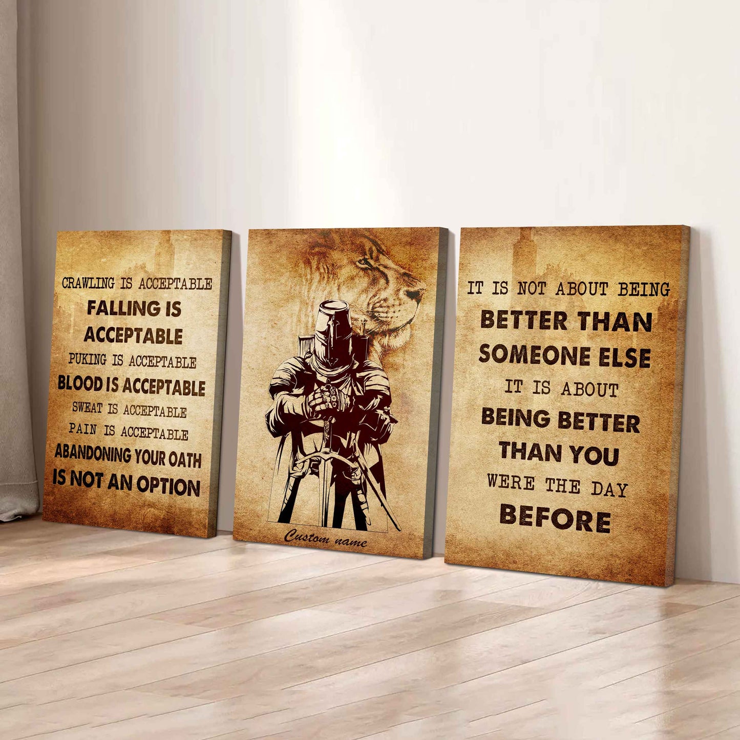 No Quitting – Knight Templar Warrior Mindset | 3-Piece Motivational Canvas Wall Art