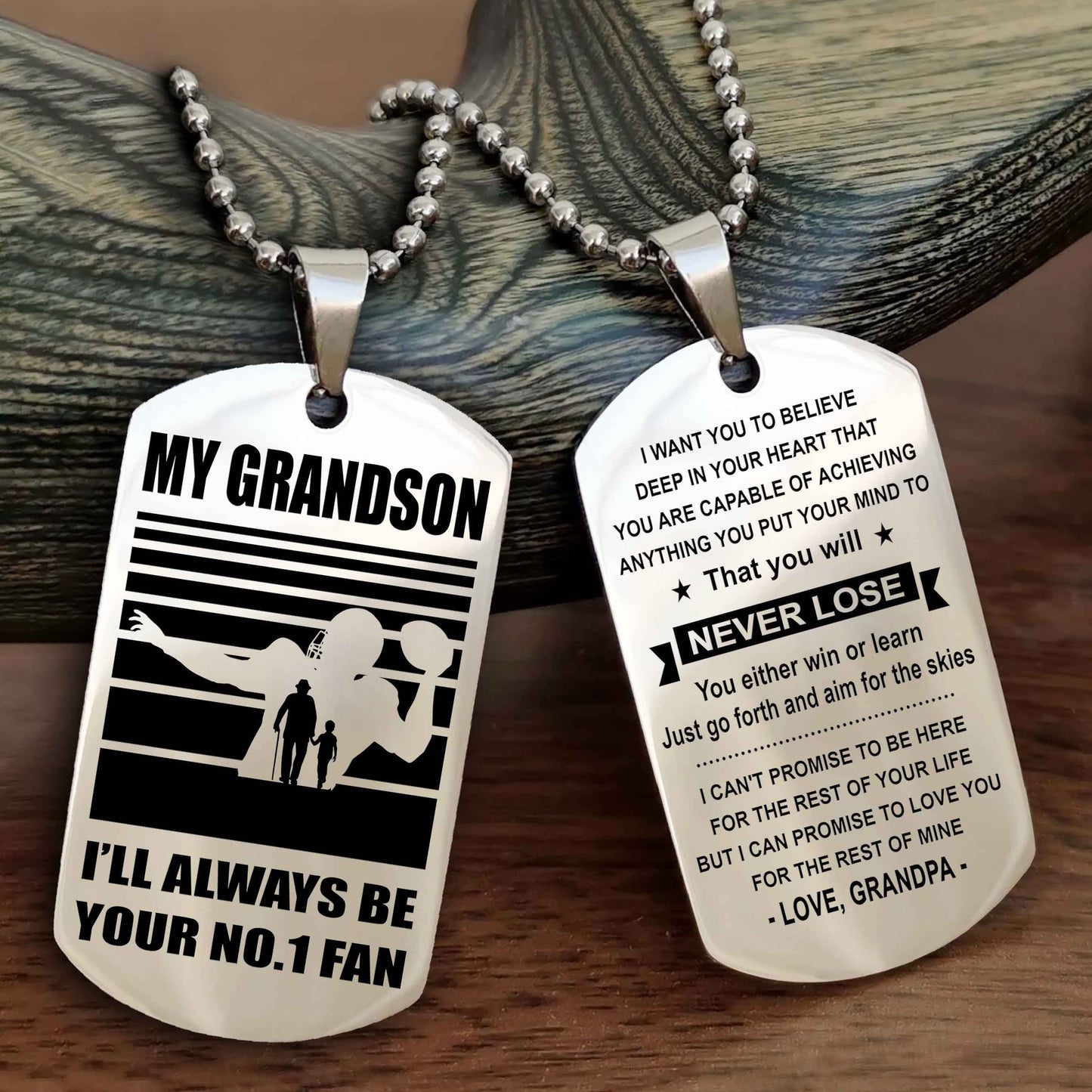 Sport Baseball Personalized Double Sided Dog Tag Granpa, Grandma To Grandson I Will Always Be Your No 1 Fan - You Will Never Lose You Either Win Or Learn