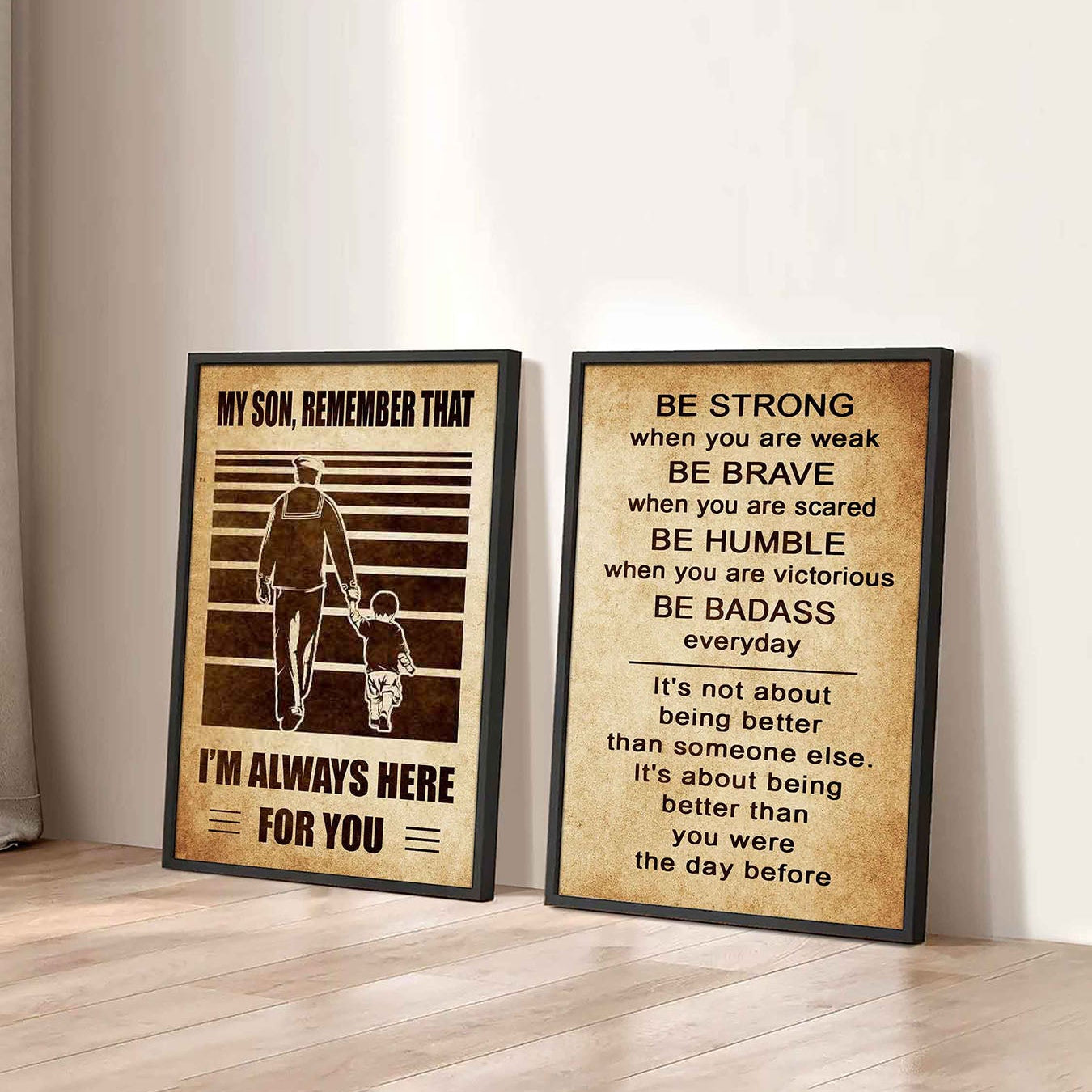 Combo 2 DRB Poster Canvas My Son Remember That - Be Strong When You Are Weak Be Brave When You Are Scared Be Badass Everyday