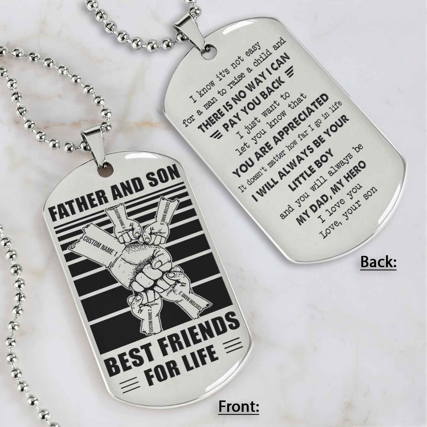 Family Fist Bump Team 5 Personalized Double Sided Dog Tag Father And Son Best Friends For Life - Message on the back side