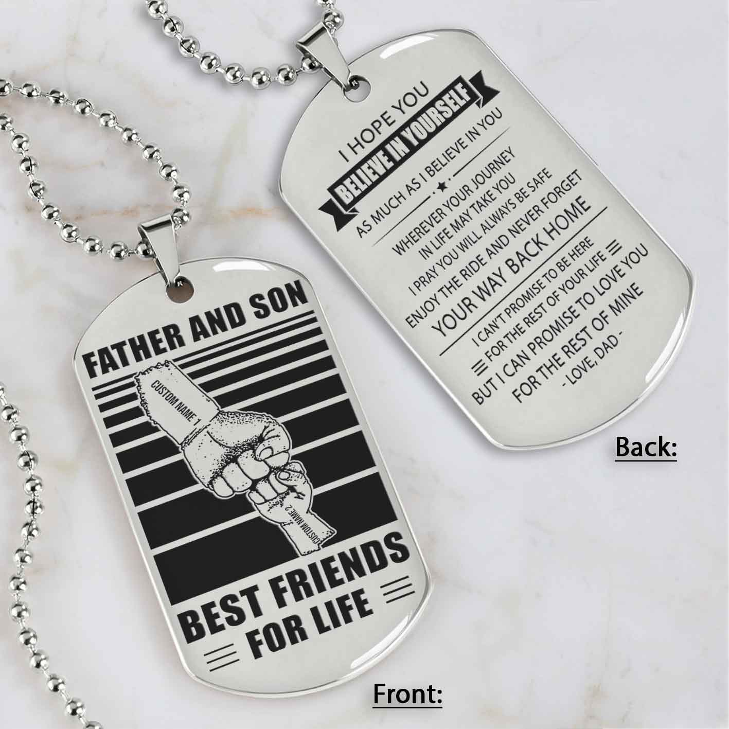 Family Fist Bump Team 2 Personalized Double Sided Dog Tag Father And Son Best Friends For Life - Message on the back side