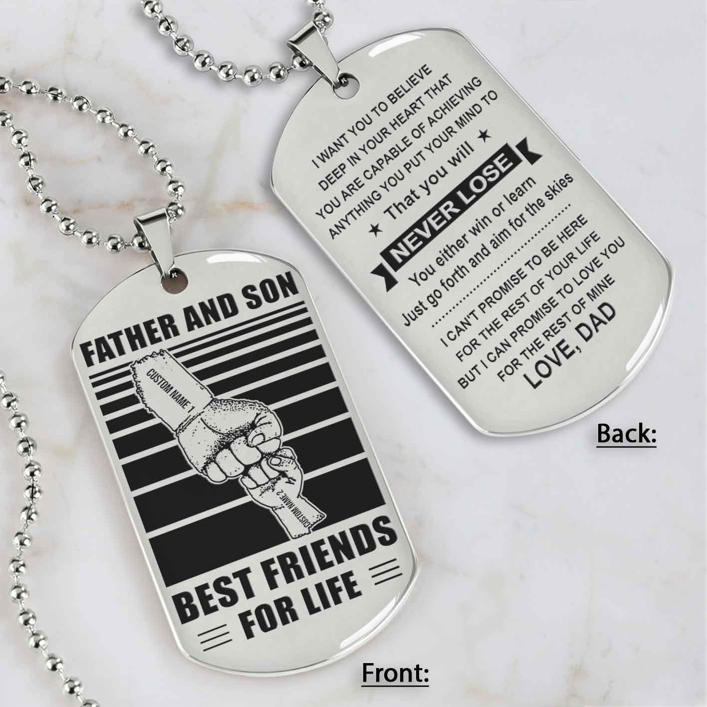 Family Fist Bump Team 2 Personalized Double Sided Dog Tag Father And Son Best Friends For Life - Message on the back side