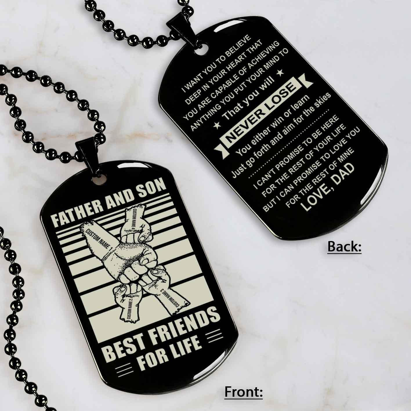 Family Fist Bump Team 4 Personalized Double Sided Dog Tag Father And Son Best Friends For Life - Message on the back side