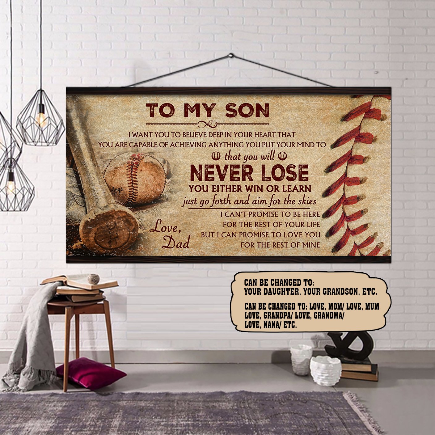 Customizable Baseball poster canvas - gifts from dad to son - Never lose you either win or learn