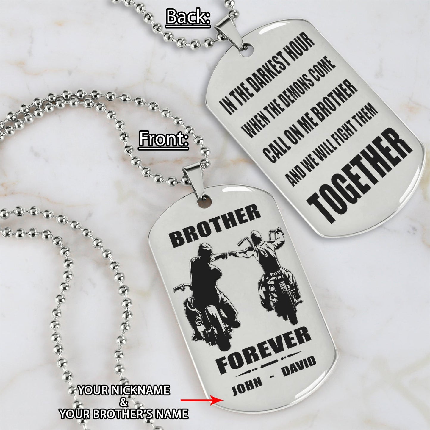 Biker Call on me brother engraved dog tag double sided. gift for brothers