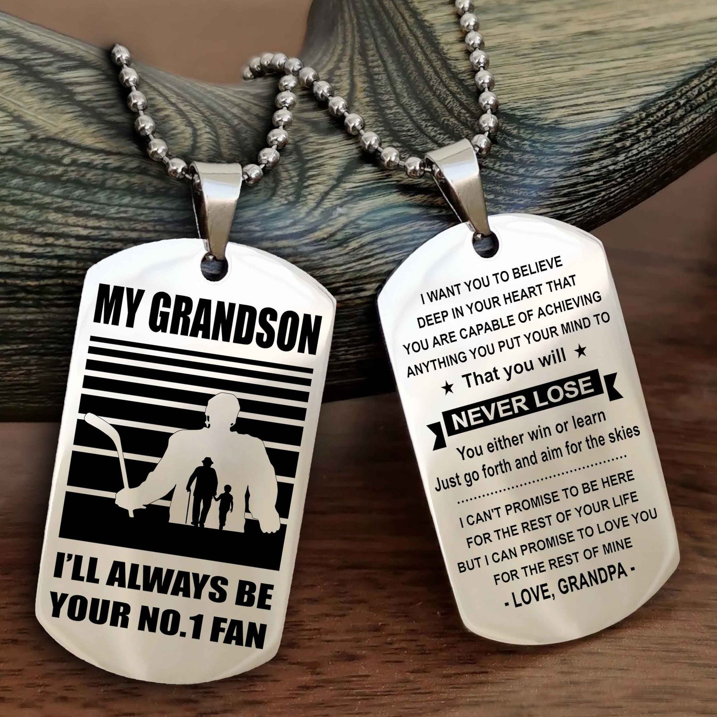 Sport Baseball Personalized Double Sided Dog Tag Granpa, Grandma To Grandson I Will Always Be Your No 1 Fan - You Will Never Lose You Either Win Or Learn