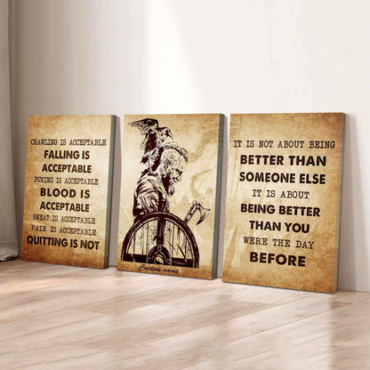 No Quitting – Viking Warrior Mindset | 3-Piece Motivational Canvas Wall Art