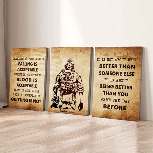 No Quitting – Soldier Warrior Mindset | 3-Piece Motivational Canvas Wall Art