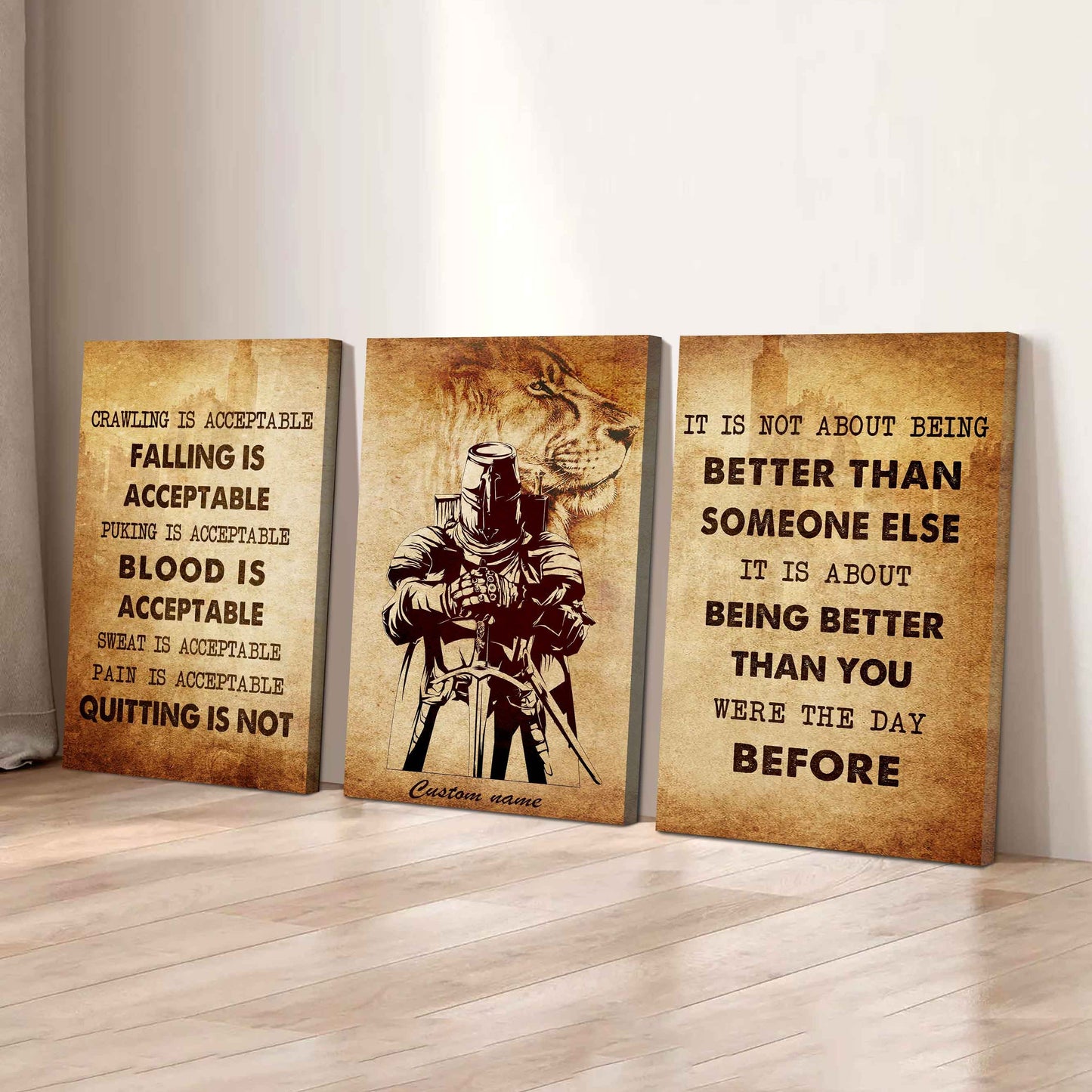 No Quitting – Soldier Warrior Mindset | 3-Piece Motivational Canvas Wall Art